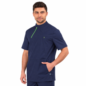 Navy men’s medical blouse with green diagonal zipper