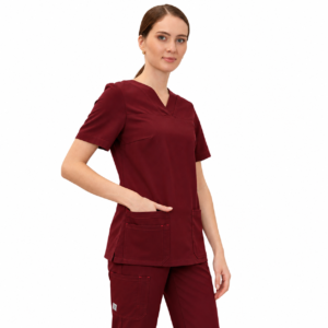 Burgundy medical scrub set with layered pockets and cargo trousers on white background