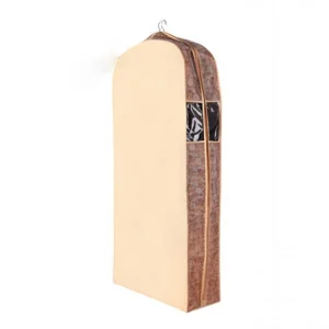 Beige garment storage cover with patterned brown sides, a clear side window and zip closure