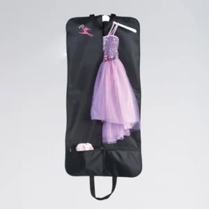 Black garment bag with a purple dance dress, carrying handles and a lower shoe pocket