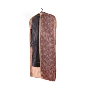 Brown patterned garment cover with a clear front window, zip closure and hanger