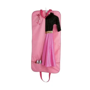 Pink garment bag with carrying handles, dress compartment and lower shoe pocket