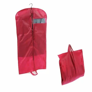 Red garment cover with a viewing window, shown hanging and folded with carrying handles