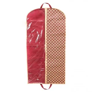 Red garment cover with a transparent front panel, patterned side panel and carrying handles