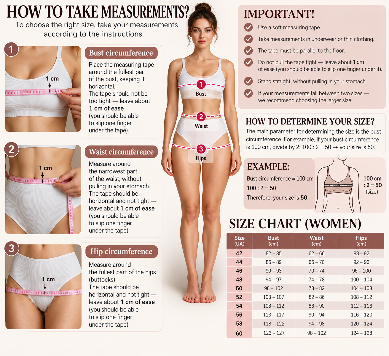 How to take measurements and size chart (women)