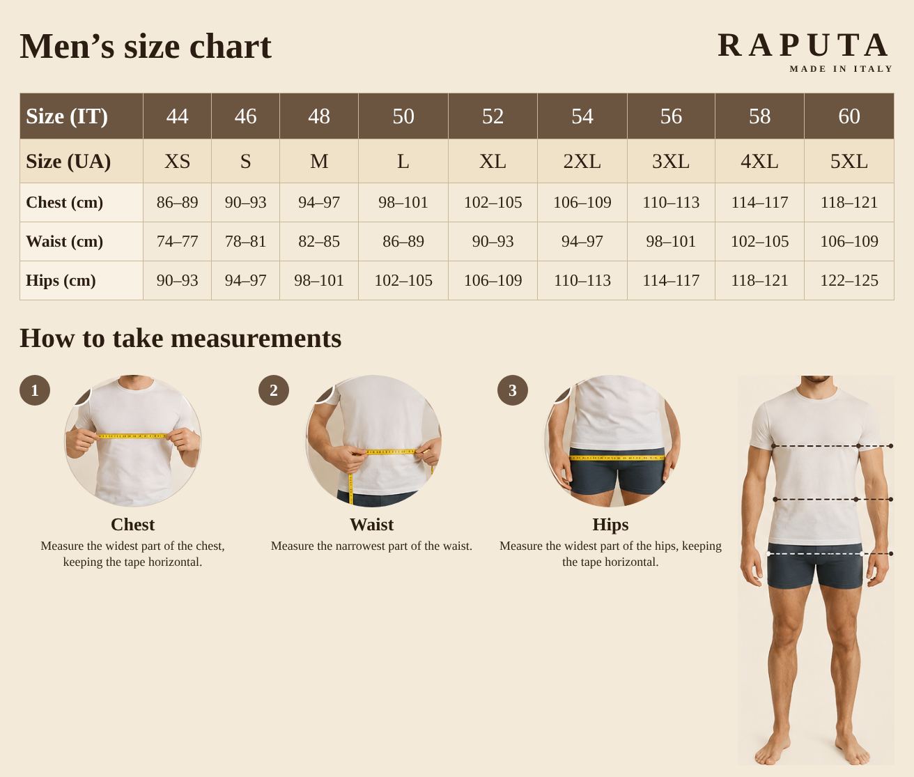 Men’s size chart and how to take measurements