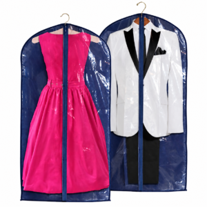 Transparent garment covers with navy blue fabric edging and clear PVC windows