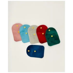 Six small fabric pouches with snap fasteners in pink, turquoise, beige, red, green and navy blue
