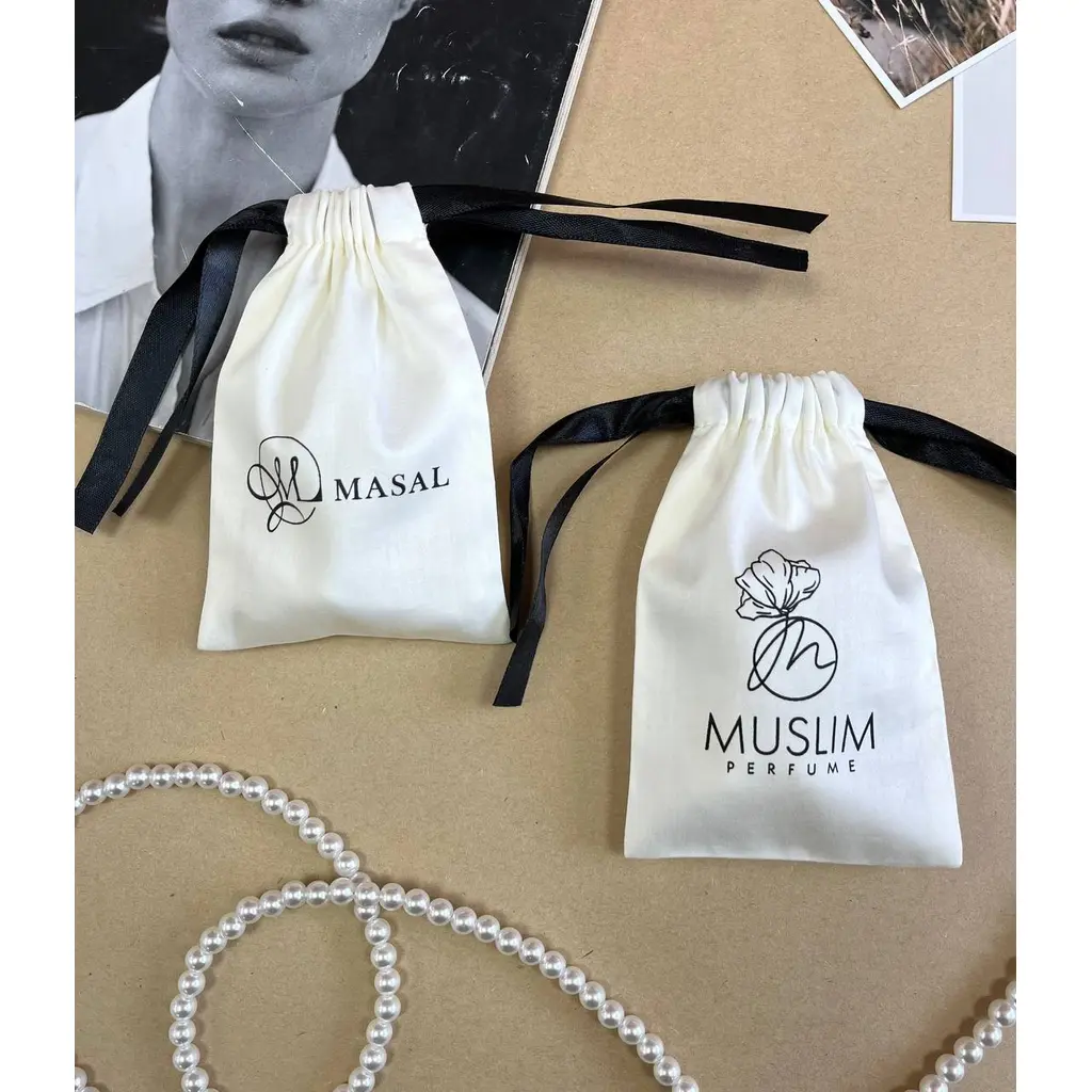 Premium Cream Cotton Pouch with Black Print and Satin Ribbons (10pcs) - Image 2