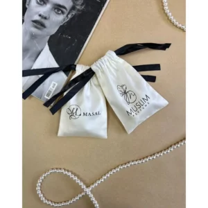 Premium Cream Cotton Pouch with Black Print and Satin Ribbons (10pcs)