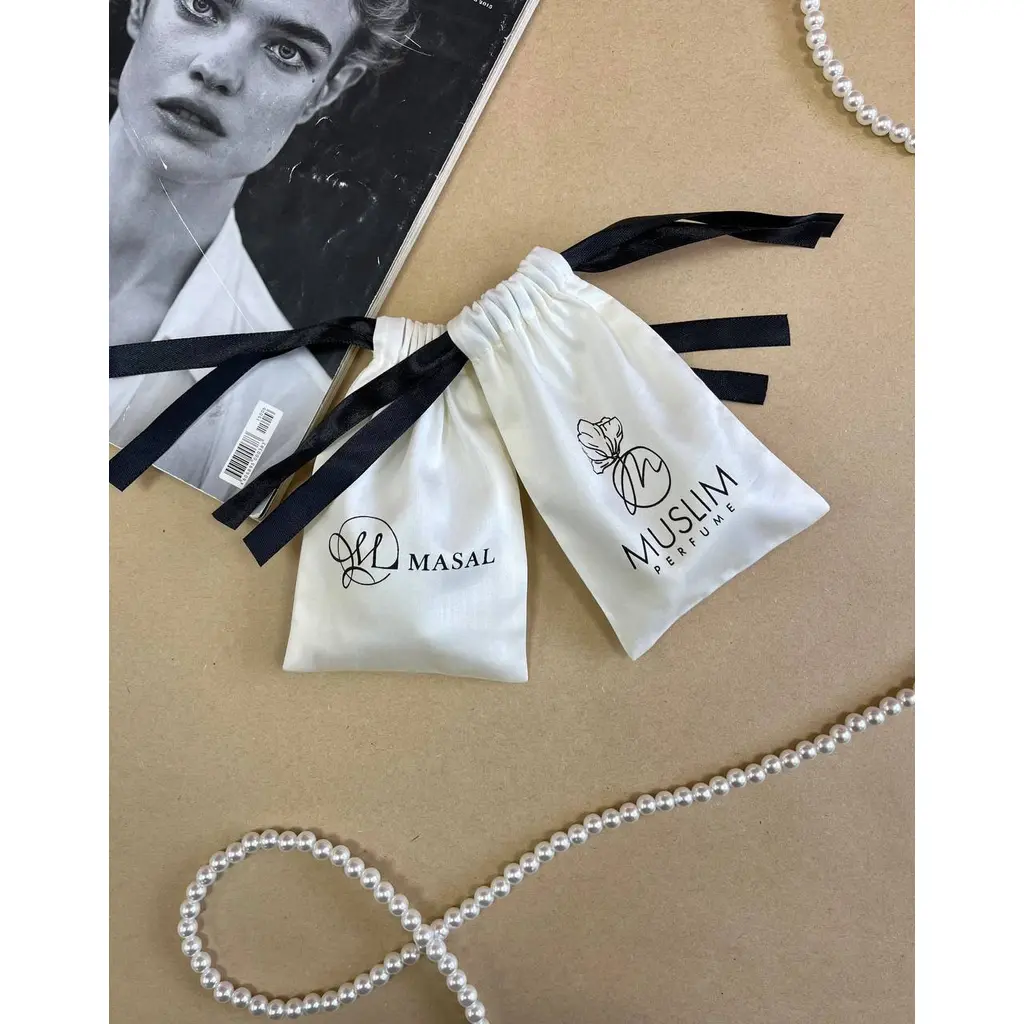 Premium Cream Cotton Pouch with Black Print and Satin Ribbons (10pcs)