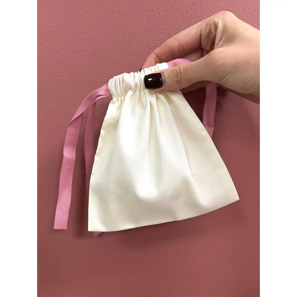 Premium Cream Cotton Pouch with Pink Grosgrain Ribbons (10pcs)